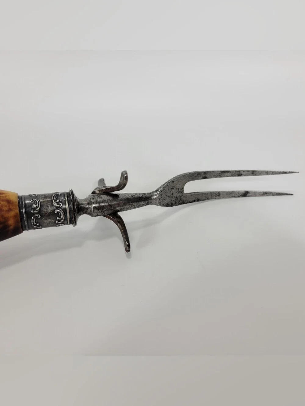 Vintage Sterling Silver Antler Handle Carving Serving Fork Meat Utensil Antique